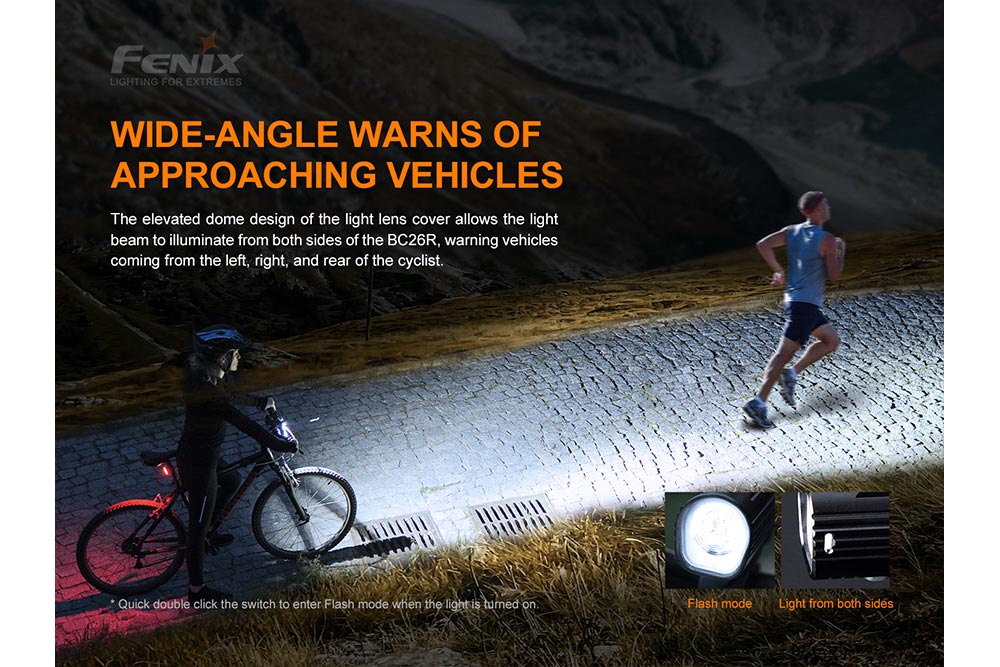 Fenix BC26R wide-angle beam warns approaching vehicles at night; elevated dome lens shines light to both sides, with flash mode activated by double-clicking the switch