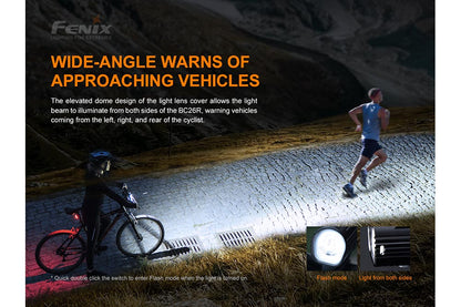 Fenix BC26R wide-angle beam warns approaching vehicles at night; elevated dome lens shines light to both sides, with flash mode activated by double-clicking the switch