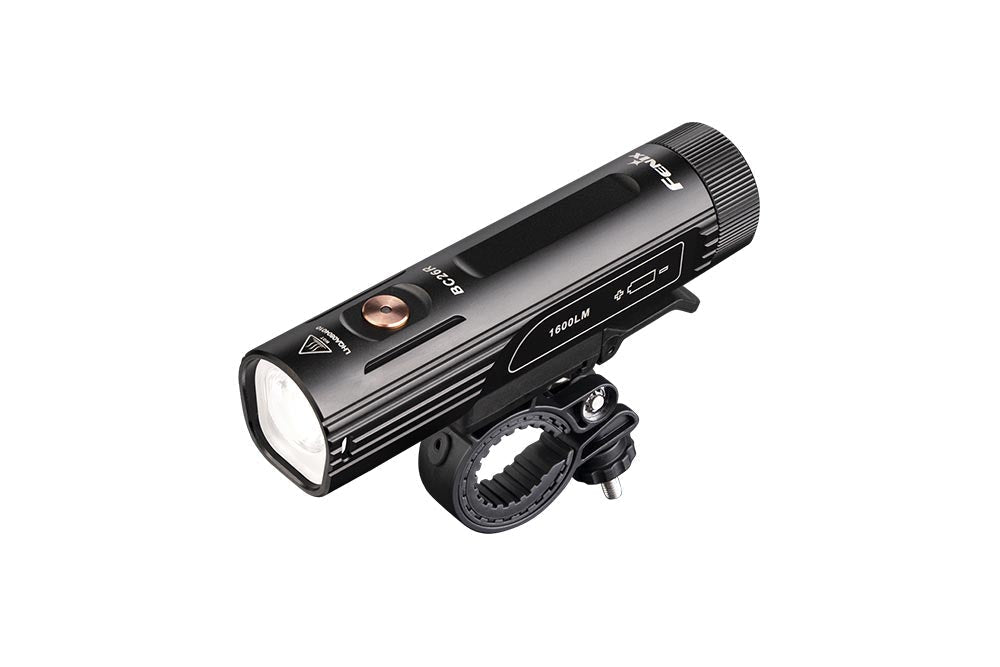 Fenix BC26R LED bike light, 1600 lumens, black aluminum body with handlebar mount, angled studio view