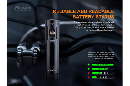 Fenix BC26R reliable and readable battery status: single-click the switch with the light off to check charge level via green and red read-out indicator, four levels from 1 to 100 percent