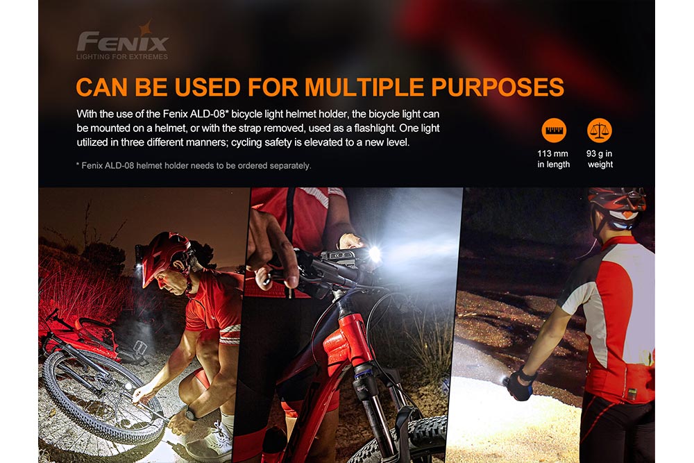 Fenix BC26R used three ways: helmet-mounted with ALD-08 holder, on handlebar, and as a handheld flashlight; 113mm length, 93g weight