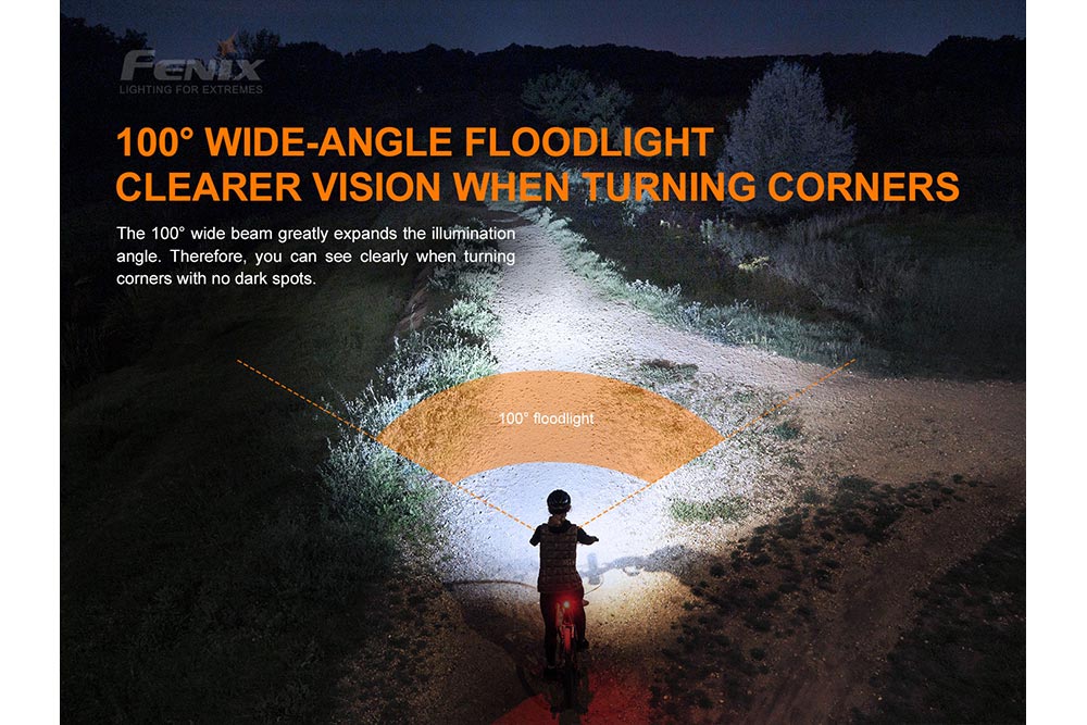 Fenix BC26R 100-degree wide-angle floodlight beam diagram: wider illumination with no dark spots for clearer vision when turning corners on night trails