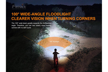 Fenix BC26R 100-degree wide-angle floodlight beam diagram: wider illumination with no dark spots for clearer vision when turning corners on night trails