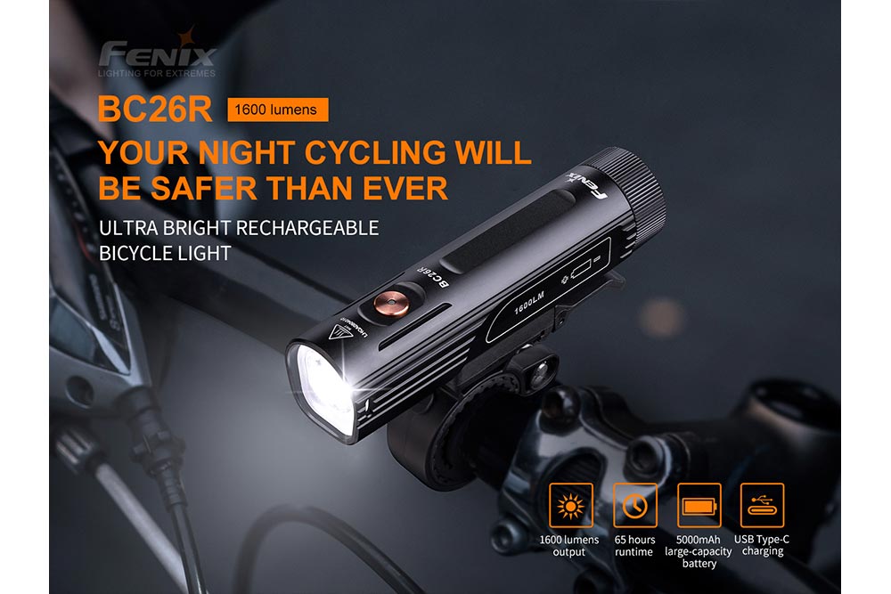 Fenix BC26R 1600-lumen ultra-bright rechargeable bicycle light mounted on handlebars; icons highlight 1600 lumens output, 65-hour runtime, 5000mAh battery, USB Type-C charging