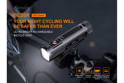 Fenix BC26R 1600-lumen ultra-bright rechargeable bicycle light mounted on handlebars; icons highlight 1600 lumens output, 65-hour runtime, 5000mAh battery, USB Type-C charging