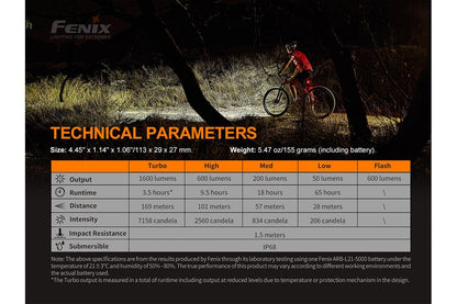 Fenix BC26R technical parameters chart: 113 x 29 x 27mm, 155 grams with battery; Turbo 1600 lumens 3.5 hours 169 meters; High 600 lumens 9.5 hours 101 meters; Med 200 lumens 18 hours 57 meters; Low 50 lumens 65 hours 28 meters; IP68, 1.5m impact resistance