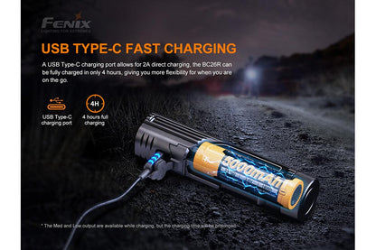 Fenix BC26R USB Type-C fast charging: 2A direct charging fills the 5000mAh 21700 battery in 4 hours; cutaway view shows battery and charging cable on a night trail