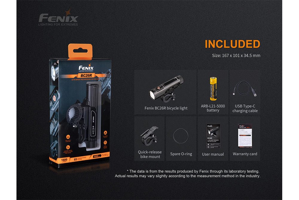 Fenix BC26R box contents: bicycle light, ARB-L21-5000 battery, USB Type-C charging cable, quick-release bike mount, spare O-ring, user manual and warranty card, with retail packaging