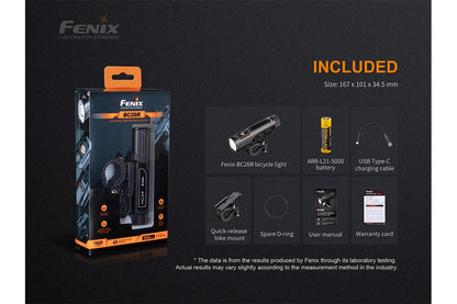 Fenix BC26R box contents: bicycle light, ARB-L21-5000 battery, USB Type-C charging cable, quick-release bike mount, spare O-ring, user manual and warranty card, with retail packaging