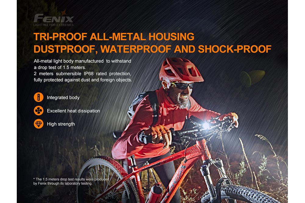 Fenix BC26R tri-proof all-metal housing: dustproof, waterproof and shock-proof; IP68 submersible to 2 meters, 1.5-meter drop tested, cyclist riding in rain at night