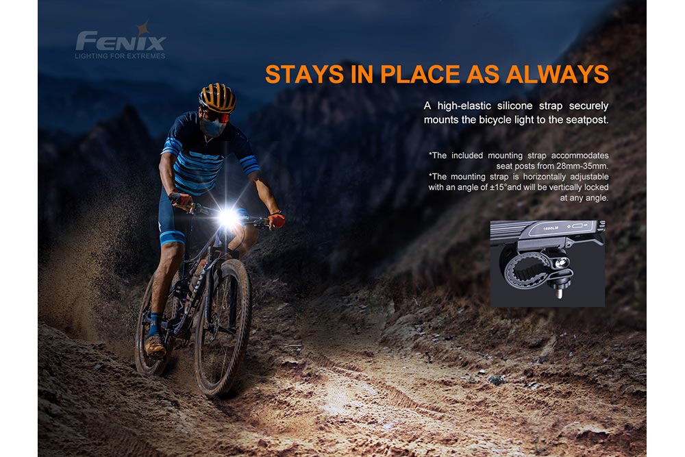 Fenix BC26R stays in place on a night trail ride; high-elastic silicone strap mounts the light to the seatpost, fits 28 to 35mm posts with plus or minus 15 degree horizontal adjustment