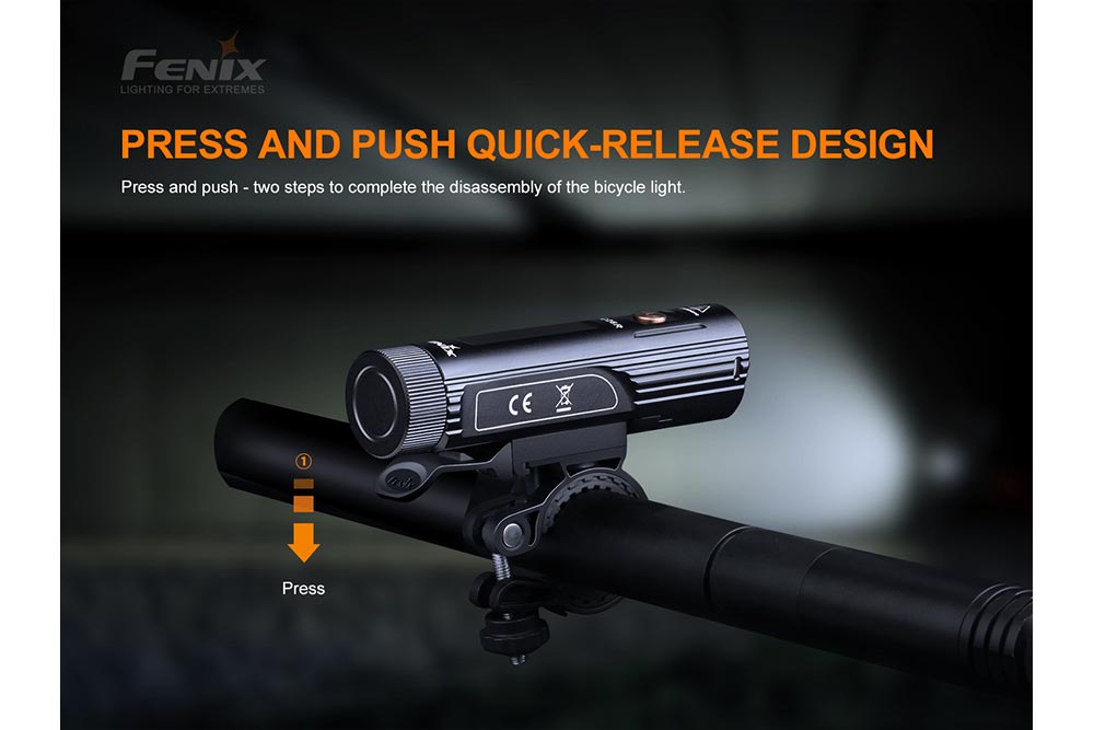 Fenix BC26R bike light quick-release design: press and push two-step removal from handlebar mount