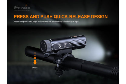 Fenix BC26R bike light quick-release design: press and push two-step removal from handlebar mount
