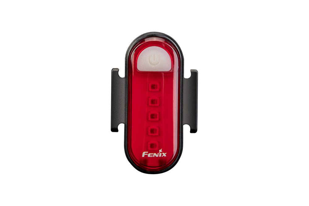 Fenix BC05R V2.0 tail light rear view showing red lens with LED dots, power button, and Fenix branding, white studio background