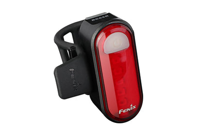 Fenix BC05R V2.0 rechargeable bike tail light, black body with red lens, power button, BC05R marking, and rubber strap mount, angled studio view