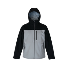 Two-tone black and gray jacket with a hood on a white background